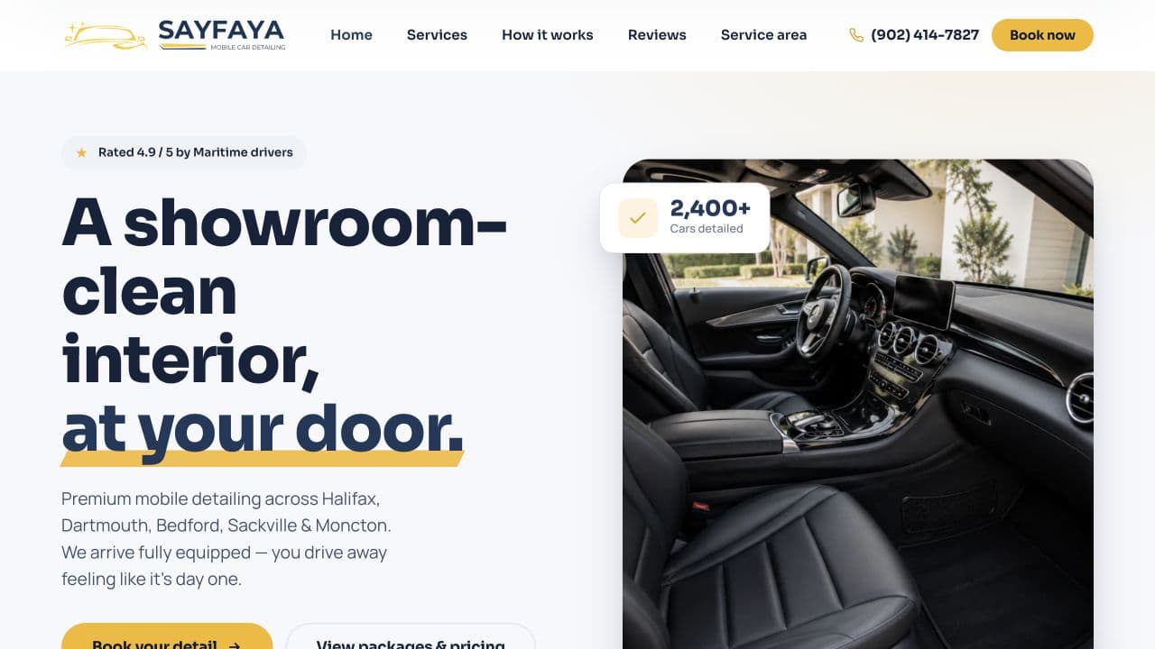 Sayfaya mobile car detailing homepage with service positioning and booking call to action
