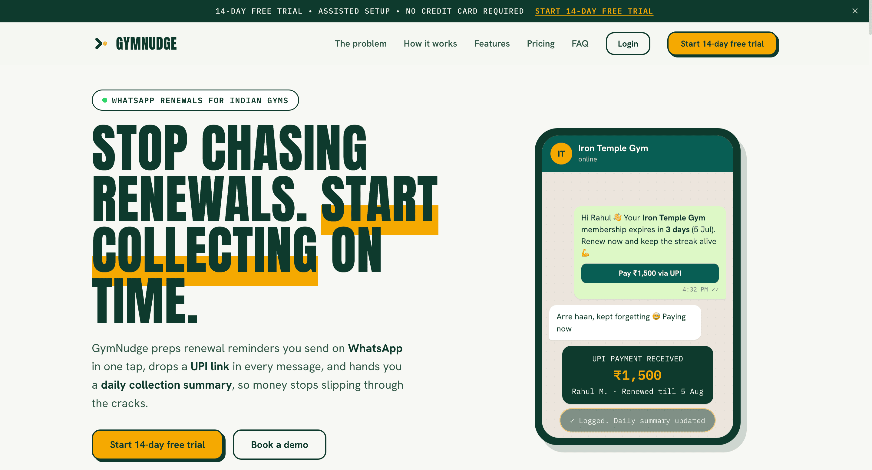 GymNudge homepage explaining WhatsApp renewals and payment collection for Indian gyms