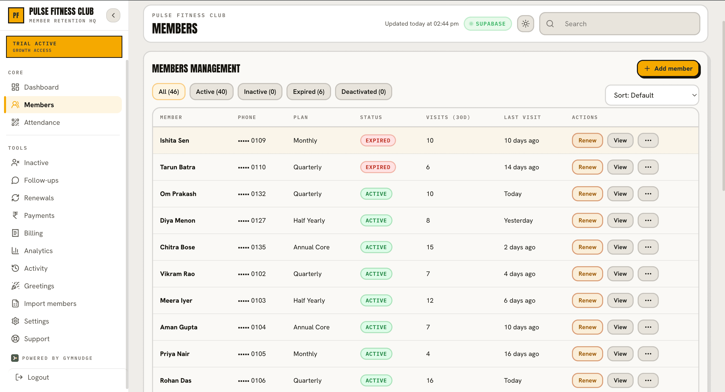 GymNudge member-management screen with plans, visits and renewal status