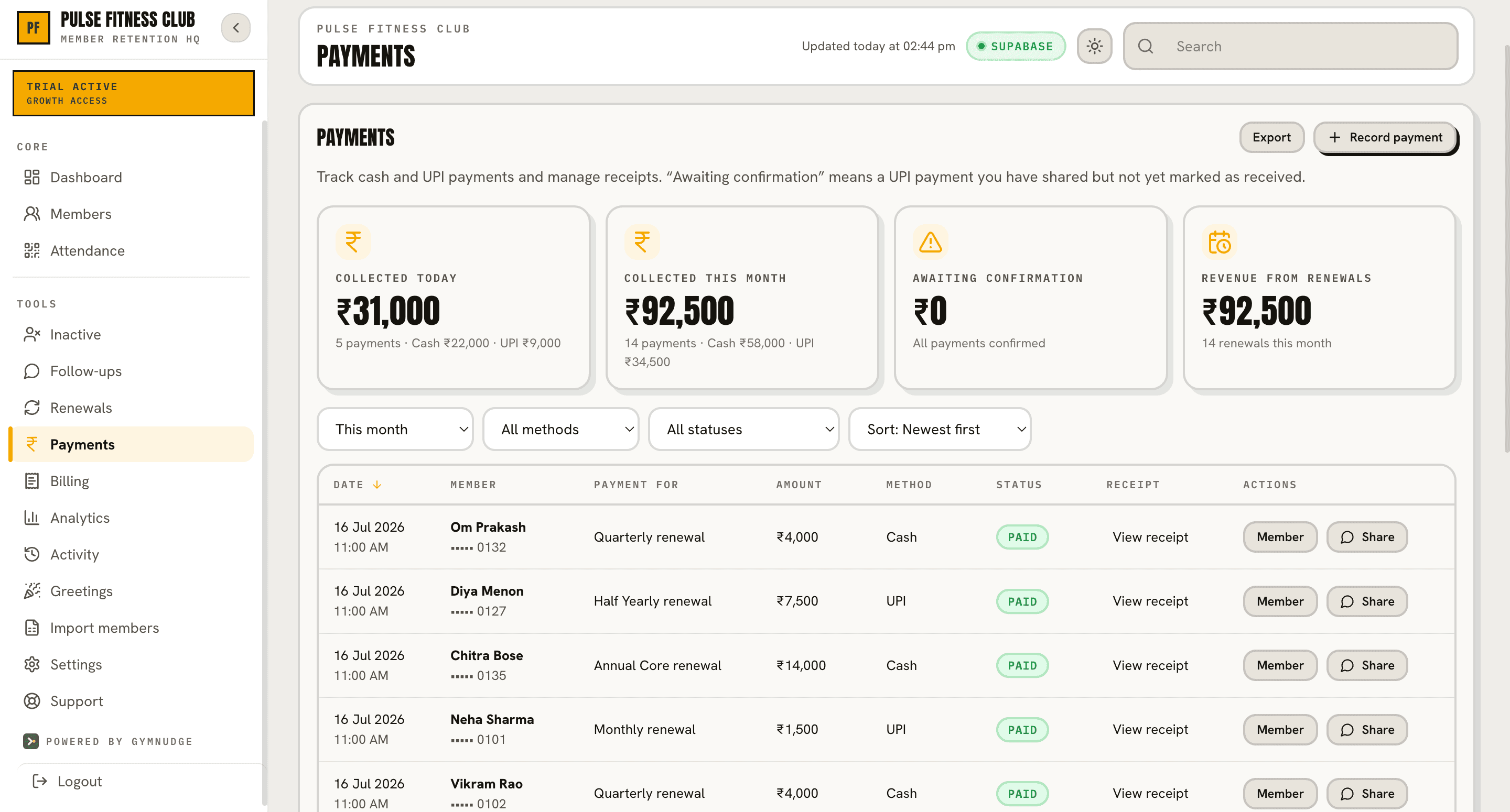 GymNudge payments screen showing collection summaries, payment methods and receipts