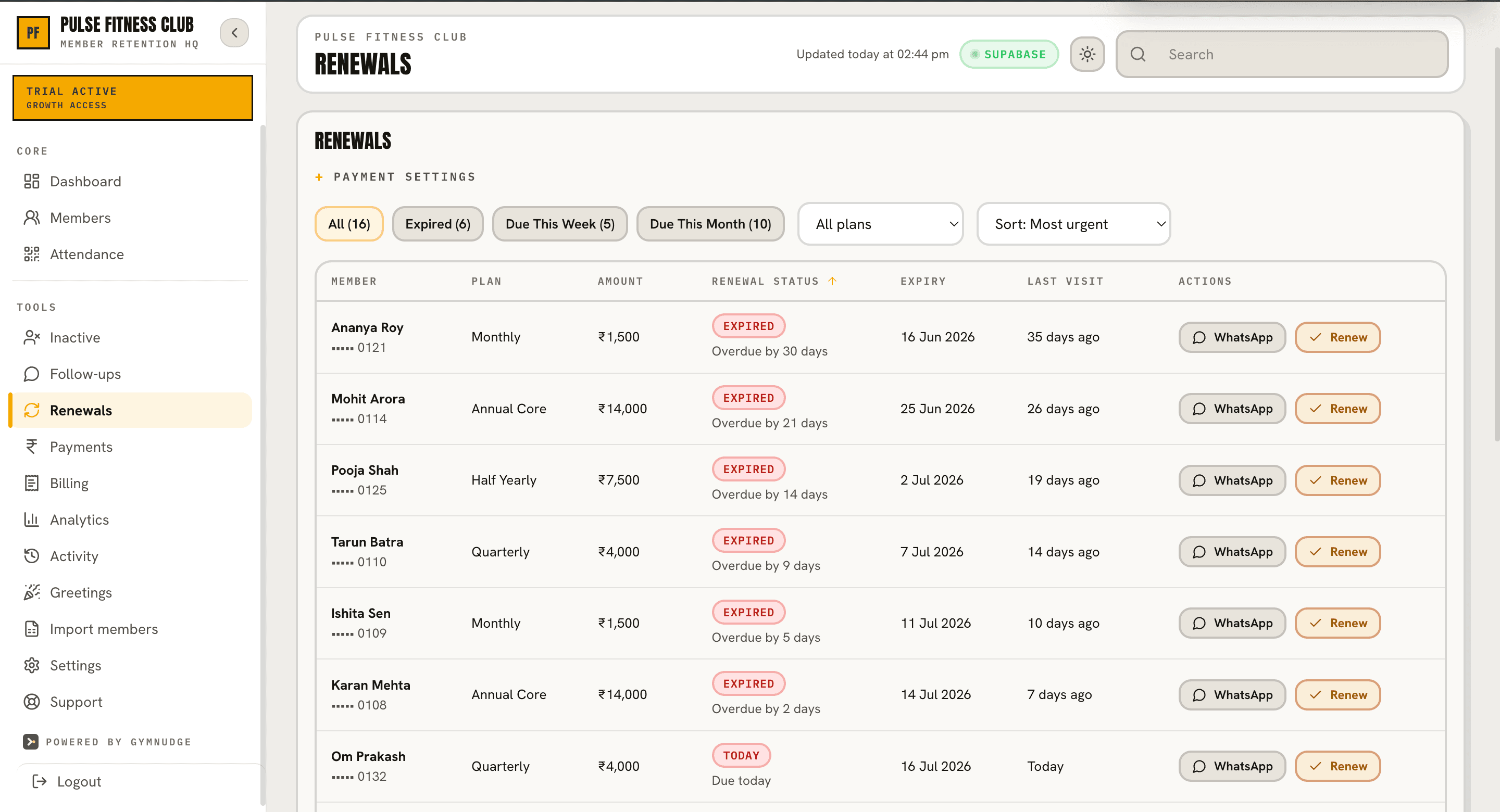 GymNudge renewal list with due dates, amounts and WhatsApp actions