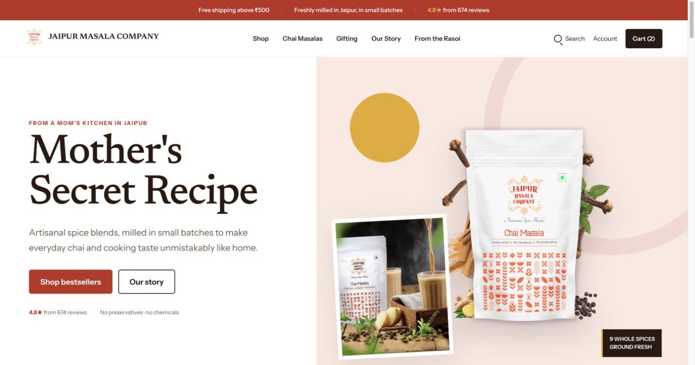 Jaipur Masala Company storefront homepage presenting the Mother's Secret Recipe story and Chai Masala packaging