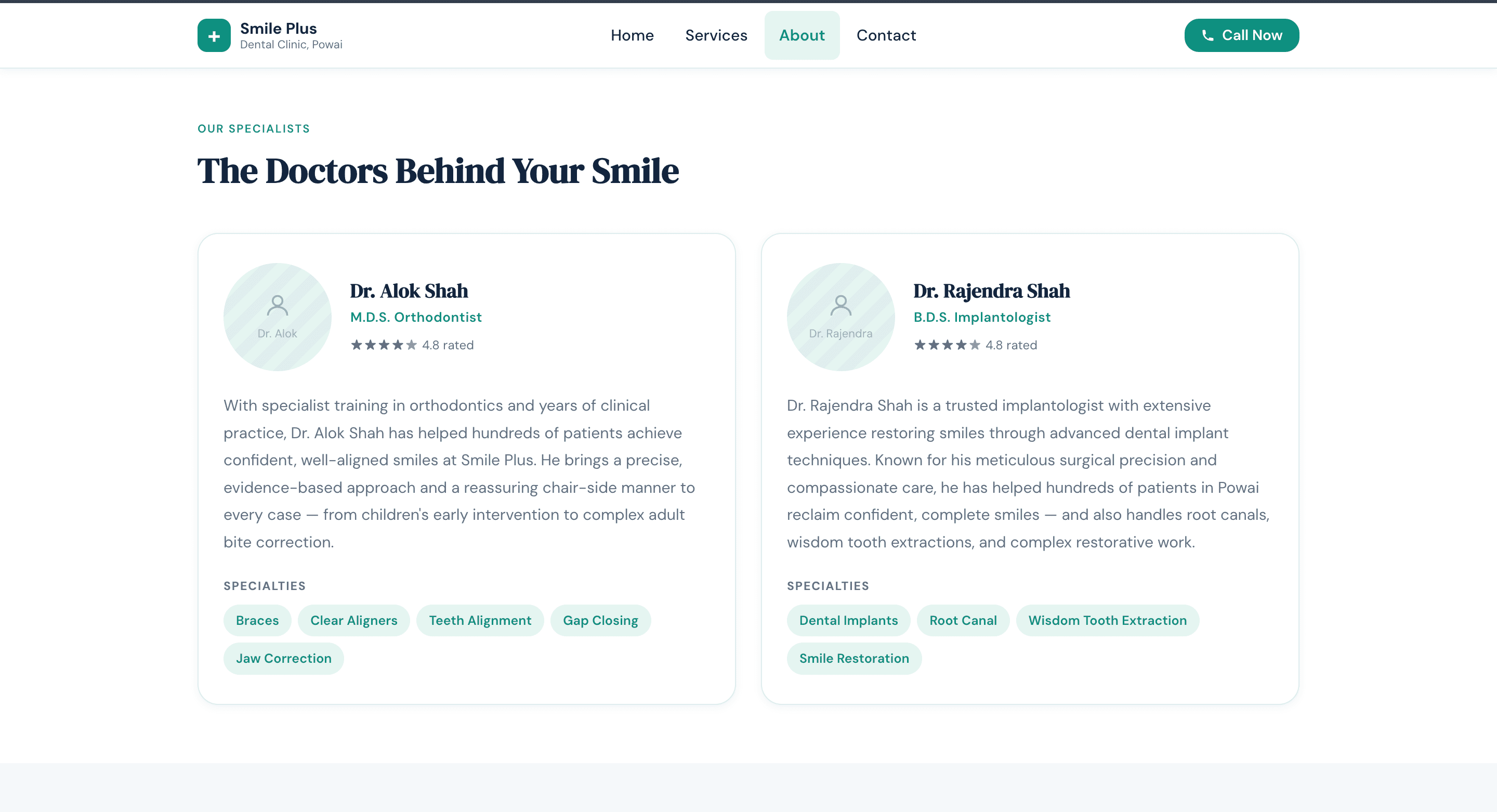 Smile Plus Dental Clinic About page showing doctors and specialists