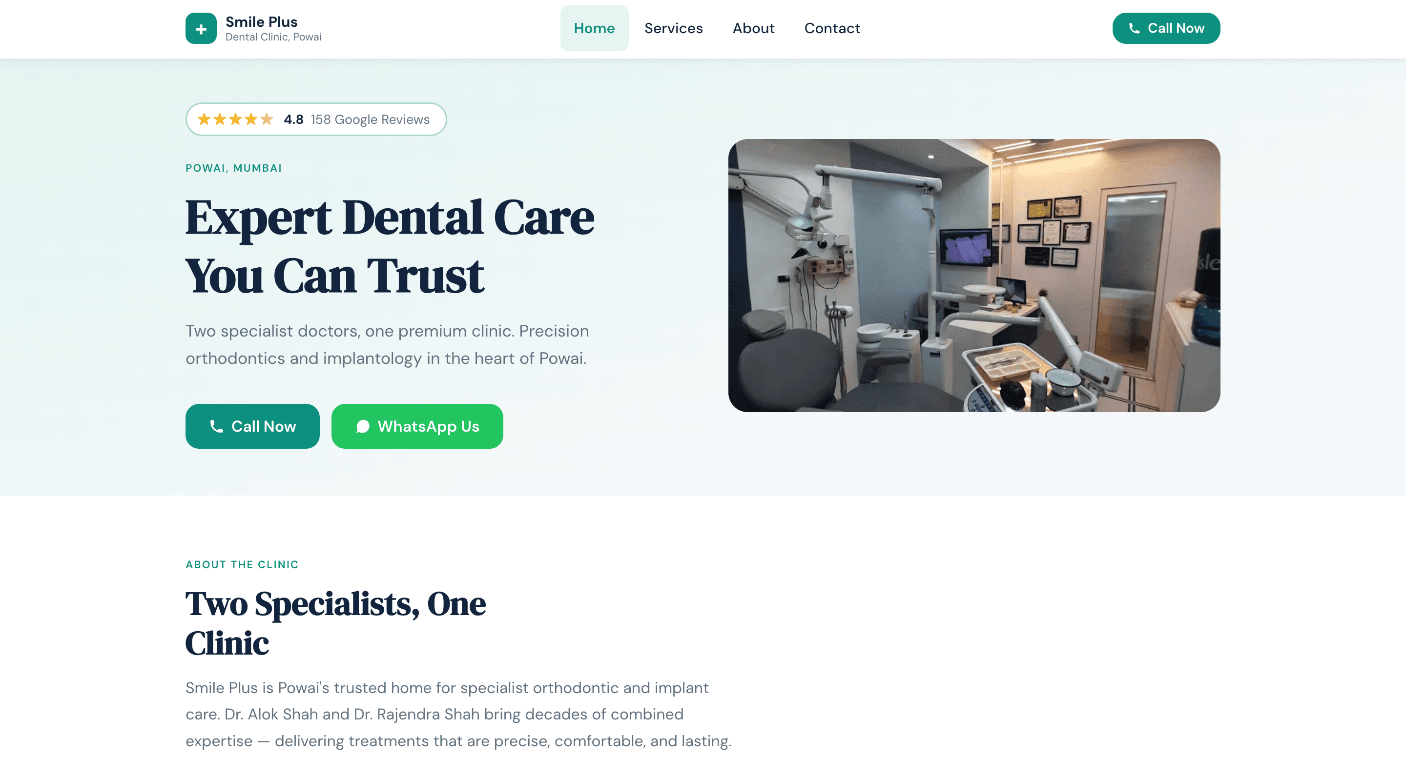 Smile Plus Dental Clinic homepage with treatment information and appointment actions