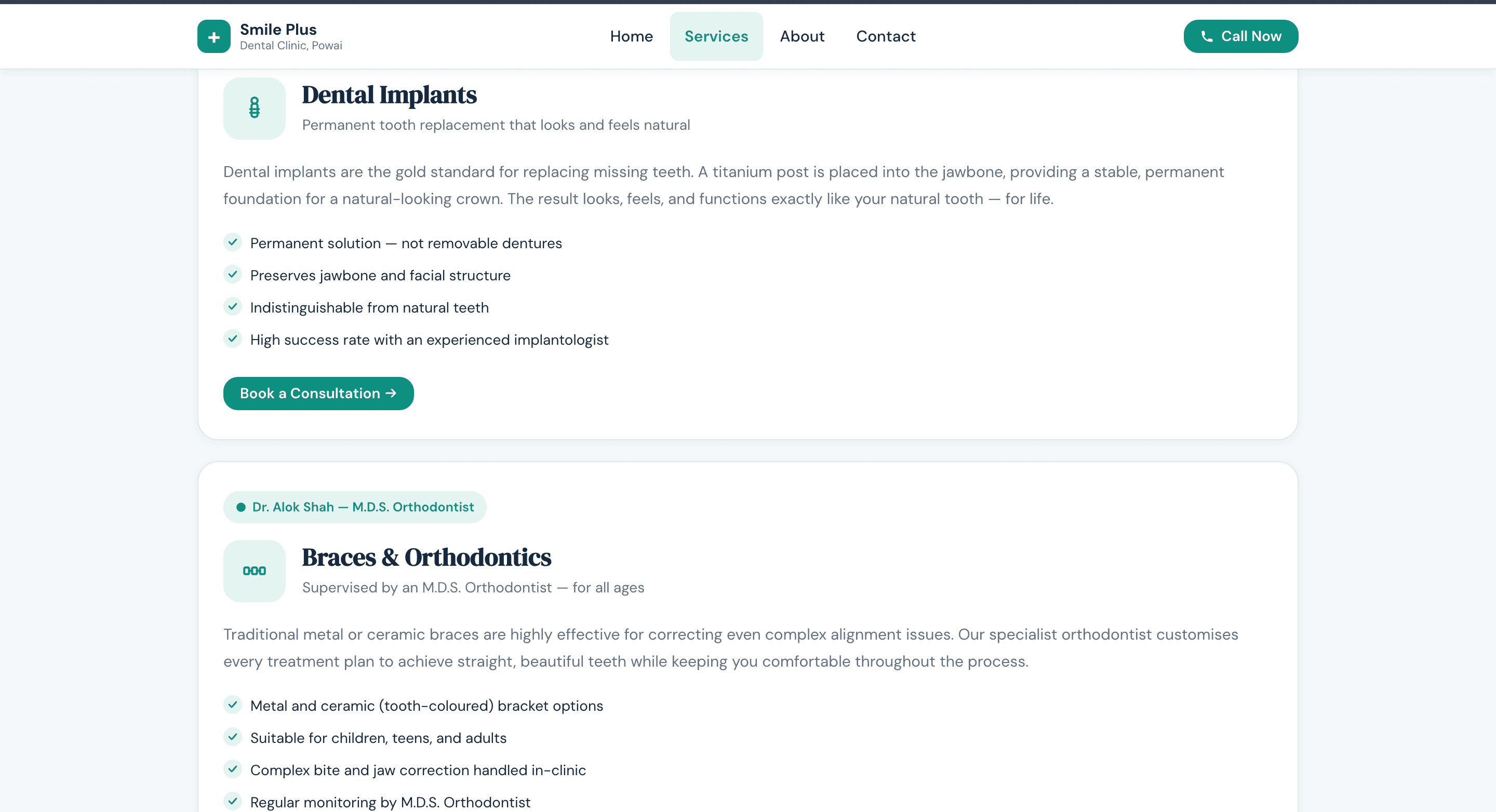 Smile Plus Dental Clinic services page showing dental treatment categories